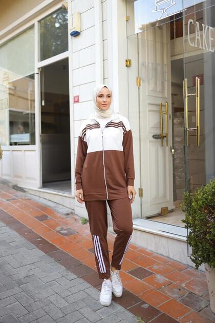 Hooded Zippered Tracksuit Set with Stripe Detail - 1016