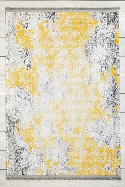 Bohemian Patterned Washable Chenille Woven Carpet Fringed Non-Slip Base Yellow Carpet 7557
