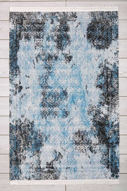 Avangarde Patterned Blue Washable Fringed Non-Slip Base Chenille Living Room Carpet 7323