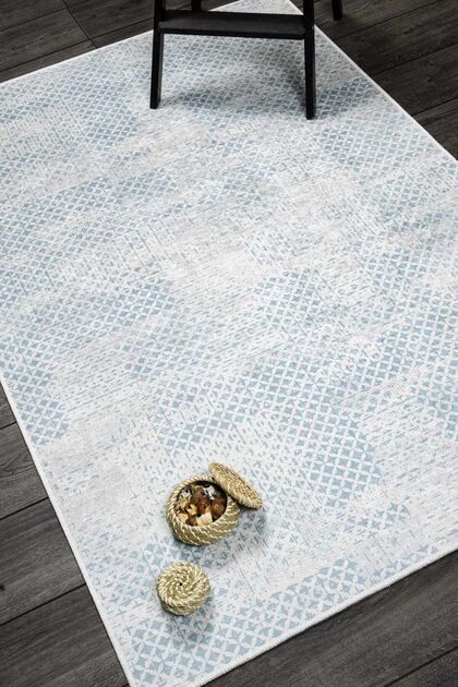 Oriente Home Bohem Desenli Turkuaz Gri Yıkanabilir Kaymaz Taban