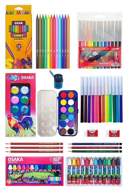 Okula Dönüş Seti 13 Parça Kuru Boya Sulu Boya Pastel Boya Keçeli Kalem Ekonomik Okul Kırtasiye Seti