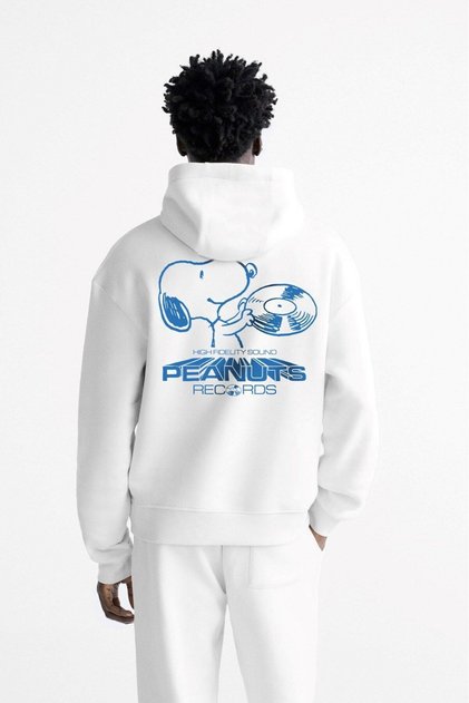 Unisex Oversize Sweatshirt Hoodie Peanuts Snoopy Printed White – Hooded, Kangaroo Pocket, 3 Strands