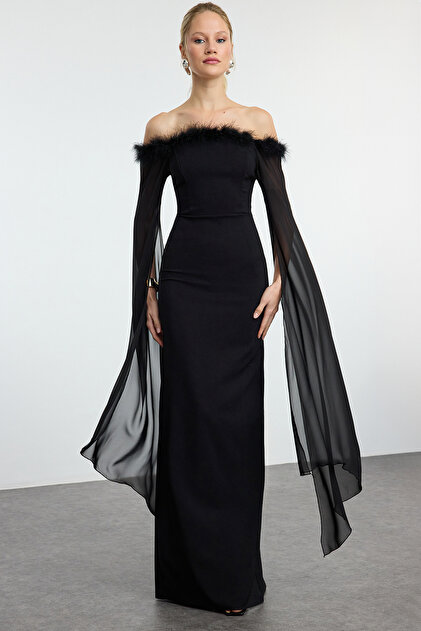 Trendyol Collection Black Sleeve Detail Otrish Long Stylish Evening Dress  Night Graduation Dress- Trendyol