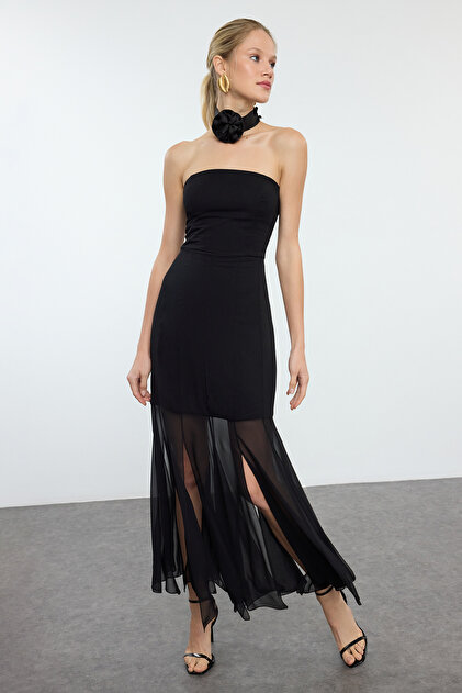 Trendyol Collection Black Strapless Chiffon Woven Stylish Maxi Evening Gown  Night Graduation Dress Tpraw25El00030- Trendyol