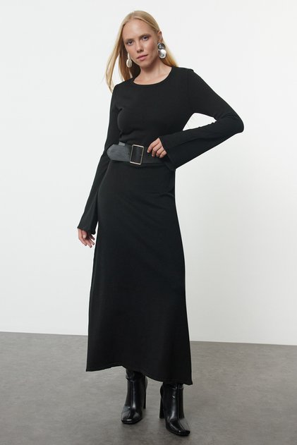 Rochie cu centură din tricotaje midi din fire premium/speciale cu aspect negru mercerizat TWOAW25EL00034