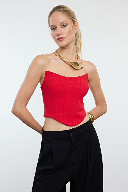 Trendyolmilla Kırmızı Crop Korse Görünümlü Dokuma Büstiyer