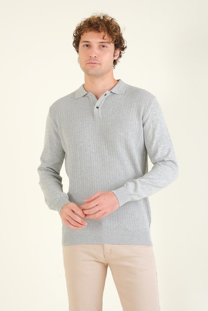 Men's Patterned Polo Collar Sweater Gray