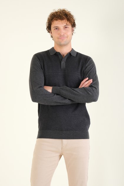 Men's Patterned Polo Collar Sweater Anthracite
