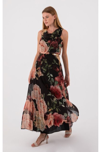 Black Color Pleated Floral Patterned Dress
