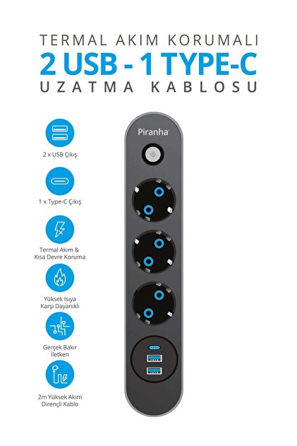 45640 Akım Korumalı / 2 X USB - 1 X Type-C Girişli / 3'lü Priz Uzatma Kablosu