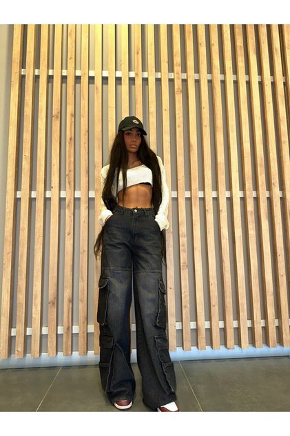 Premium Wide Cut Black Jeans - Side Cargo Pockets