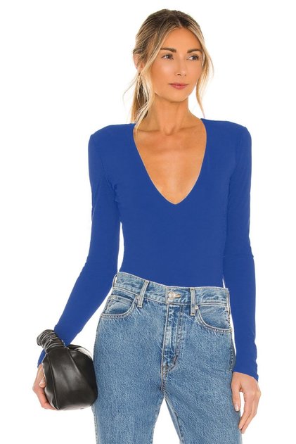 Women's Blue Deep Low-Cut Silk Jersey Bodysuit