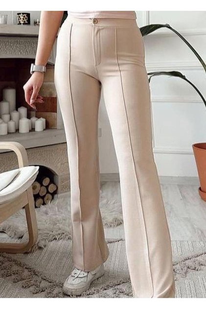 Women's Crepe Fabric Lycra Crem Palazzo Trousers with Frills on the Front