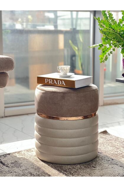 Modern Lüx Bronz Detaylı Silinebilir Nubuk Kaherengi-krem Puf