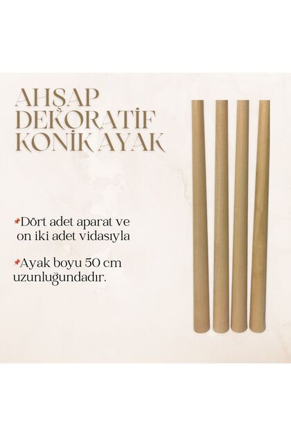 Doğal Ahşap Konik Ayak 50 cm Masa Sandalye Sehpa Ayağı 4' lü Set Aparat ve Vida Hediyeli