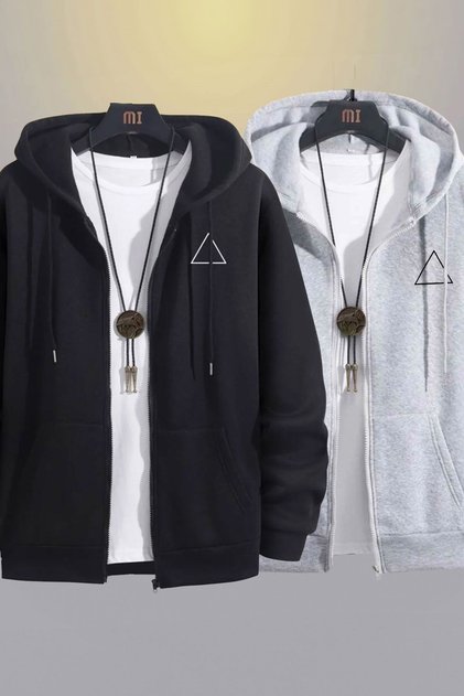 Triangle Logo Sweatshirt Zipper Cardigan - Black Printed Oversize Pocket Winter Hoodie