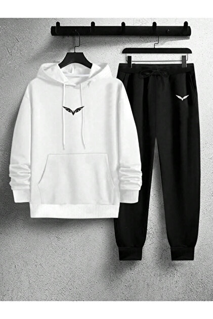 Hila Moda White Hooded Sweatshirt Set with Black Seagull Patterned Trousers