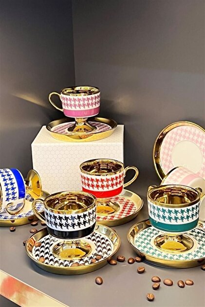 4枚セット 1ED 御三家 ソウルリンク 20th Anniversary Kosova Gold Coffee Cup Set with Porcelain Stands - Trendyol