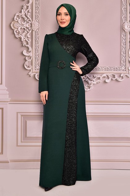 Women's Clothing Evening Dress Fashion Sequin Detailed Hijab Evening Dress 2524 Emerald
