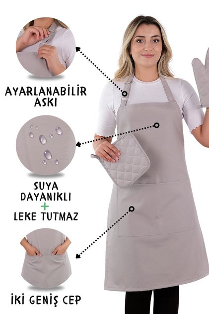 Simple 3'lü Set Ayar Askılı Mutfak Önlüğü Seti (ELDİVEN, TUTACAK)