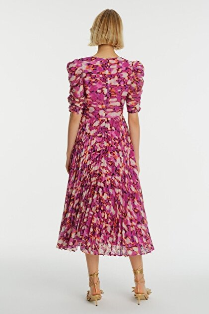 Exquise V-Neck Gather Detailed Watermelon Sleeve Pleat Chiffon Dress-  Trendyol