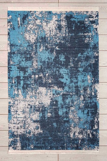Abstract Patterned Blue Washable Fringed Non-Slip Base Chenille Living Room Carpet 7321