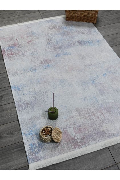 Abstract Patterned Lilac Blue Chenille Machine Washable Fringed Non-Slip Base Carpet 7305