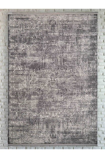 Nordic Patterned Dark Gray Washable Non-Slip Base Chenille Carpet 7804