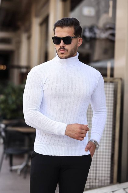 White Slim Fit Full Turtleneck Ribbed Knitwear Sweater