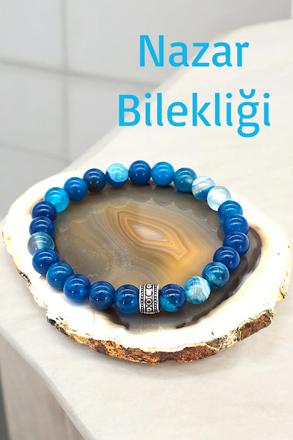 Nazar Bilekliği Mavi Akik Unisex Doğal Taş Bileklik 8 mm