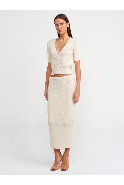 80112 Openwork Elastic Waist Lined Knitwear Skirt-Ecru