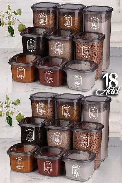 18-Piece Labeled Square Food Storage Container Set x6 (550 ml-1200 ml-1750 ml) Hard Lid Jars