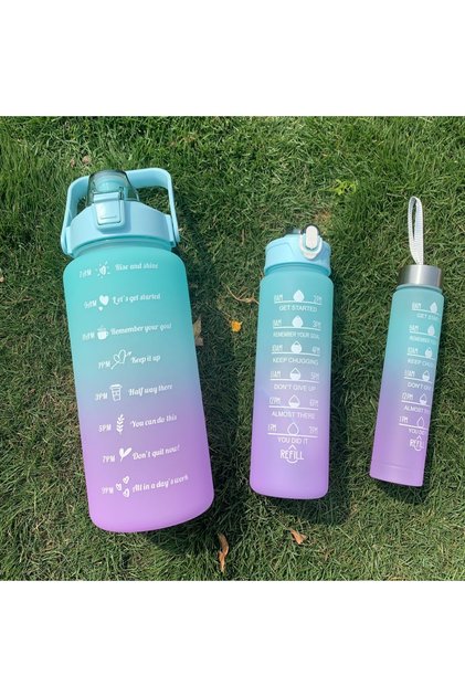 Motivasyonel 3lü Set Su Matarası Su Şişesi Suluk 2lt+900ml+600ml Tritan Spor Salonu Su Şişesi Suluk