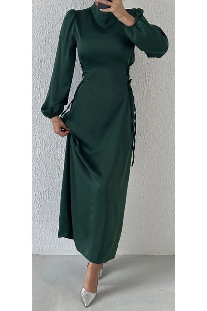 Satin Hijab Evening Dress with Belt Detail Emerald Green