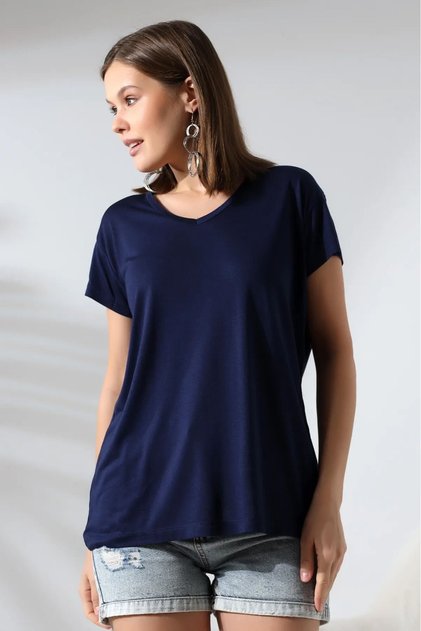 100% Cotton Super Quality Dark Navy Blue V-Neck Women's Basic T-Shirt Knitted Cotton Combed Cotton T-Shirt