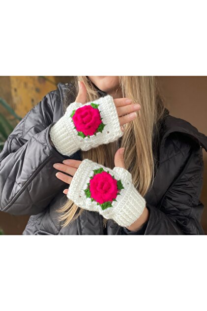El örgüsü Fingerless Rose Detailed Gloves, Hand Knitted Gloves
