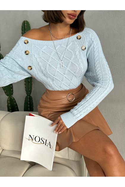 Baklava Patterned Buttoned Boat Neck Sweater