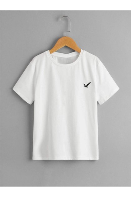 Children's Trend Model Minimal Bird Printed Cotton White Tshirt
