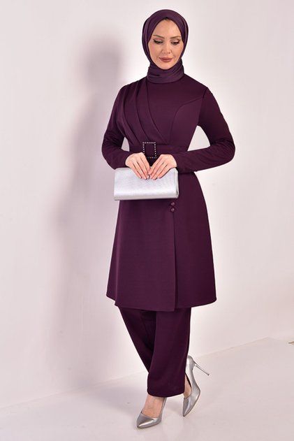 2578 Model Women's Evening Dress - Pleated, Buttoned and Jewelled Hijab Double Set Plum