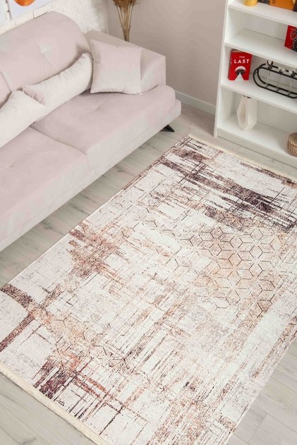 Abstract Patterned Light Mink Chenille Machine Washable Fringed Non-Slip Base Living Room Carpet 8349