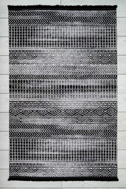 Scandinavian Patterned Black Chenille Machine Carpet Runner Washable Hallway Carpet 7757