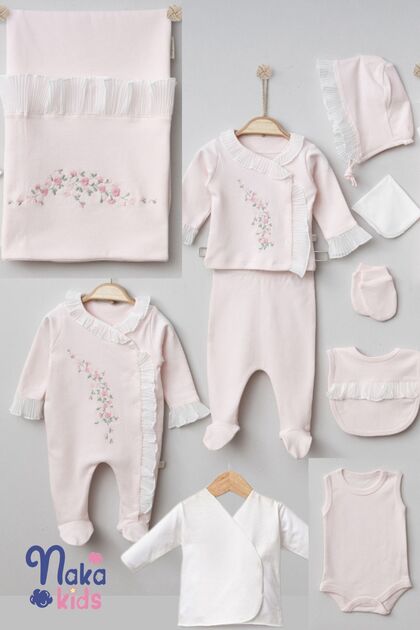 Pugi Pink Floral Embroidered Stylish Baby Girl Hospital Discharge Set - 10 Pieces
