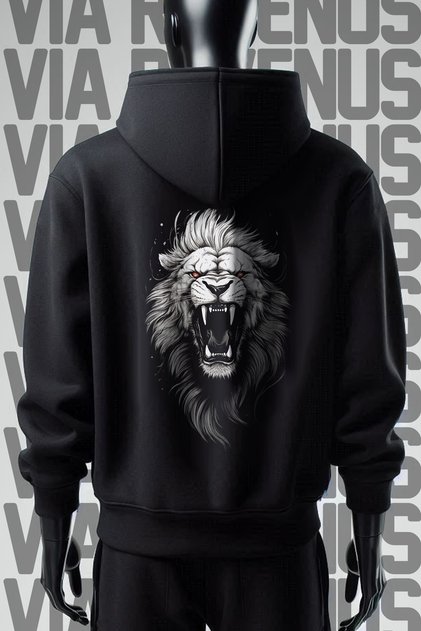 Lion Front and Back Printed 3 Thread Wide Pattern Black Hooded Sweatshirt