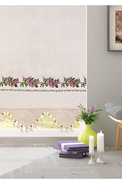 Pamuklu Lila Kanaviçeli Buldan Işi Otantik Perde