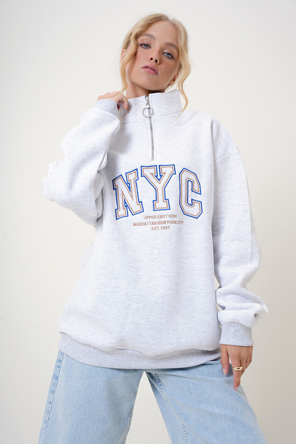 Grimelanj High Collar Zipper Front Embroidered Oversize 3 Thread Threaded Unisex Sweatshirt Alc-X12502