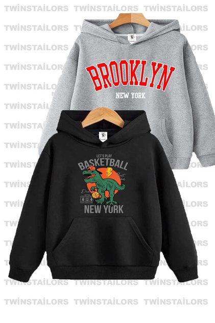 Dinosaur Printed Double Pack Grey-Black Hooded Children's Sweatshirt Hoodie