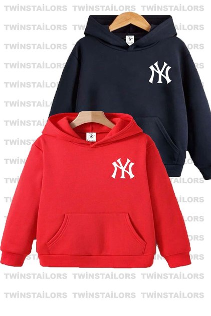 Kangaroo Pocket Mixed Print Double Pack Red-Navy Blue Children's Sweatshirt Hoodie