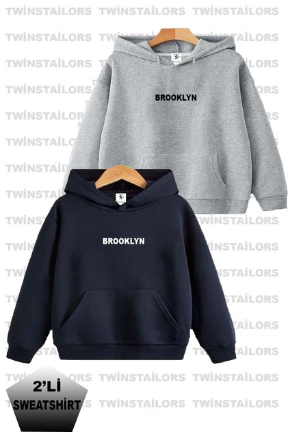 Brooklyn Printed Unisex Double Pack Navy Blue-Grey Hooded Kids Sweatshirt Hoodie