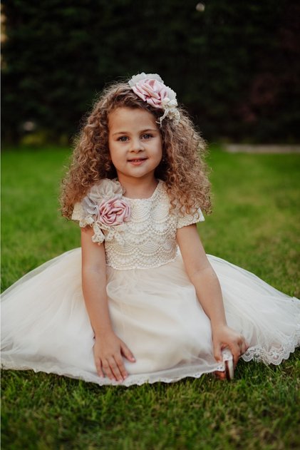Ecru Short Evening Dress with Hair Accessory, Girls Party Dress, Lace Detail Dress