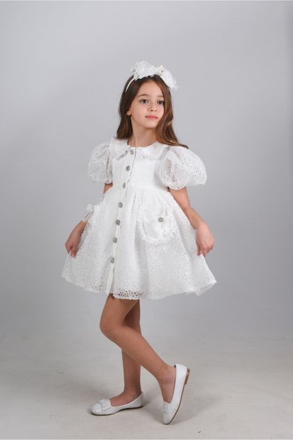 Special Design Girls' Formal Dress, with Crown Accessory, Pocketed and Lace Girls' Dress
